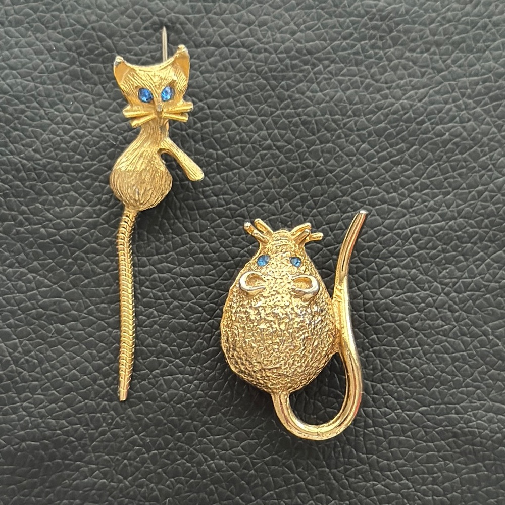 Vintage Set of Cat & Mouse Brooches w Blue Rhinestone Eyes
